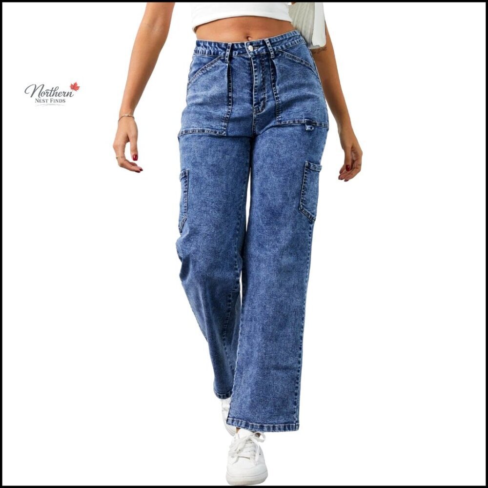 Stretch Women's Cargo Jeans High Waist Straight Wide Leg Comfort Denim Pants